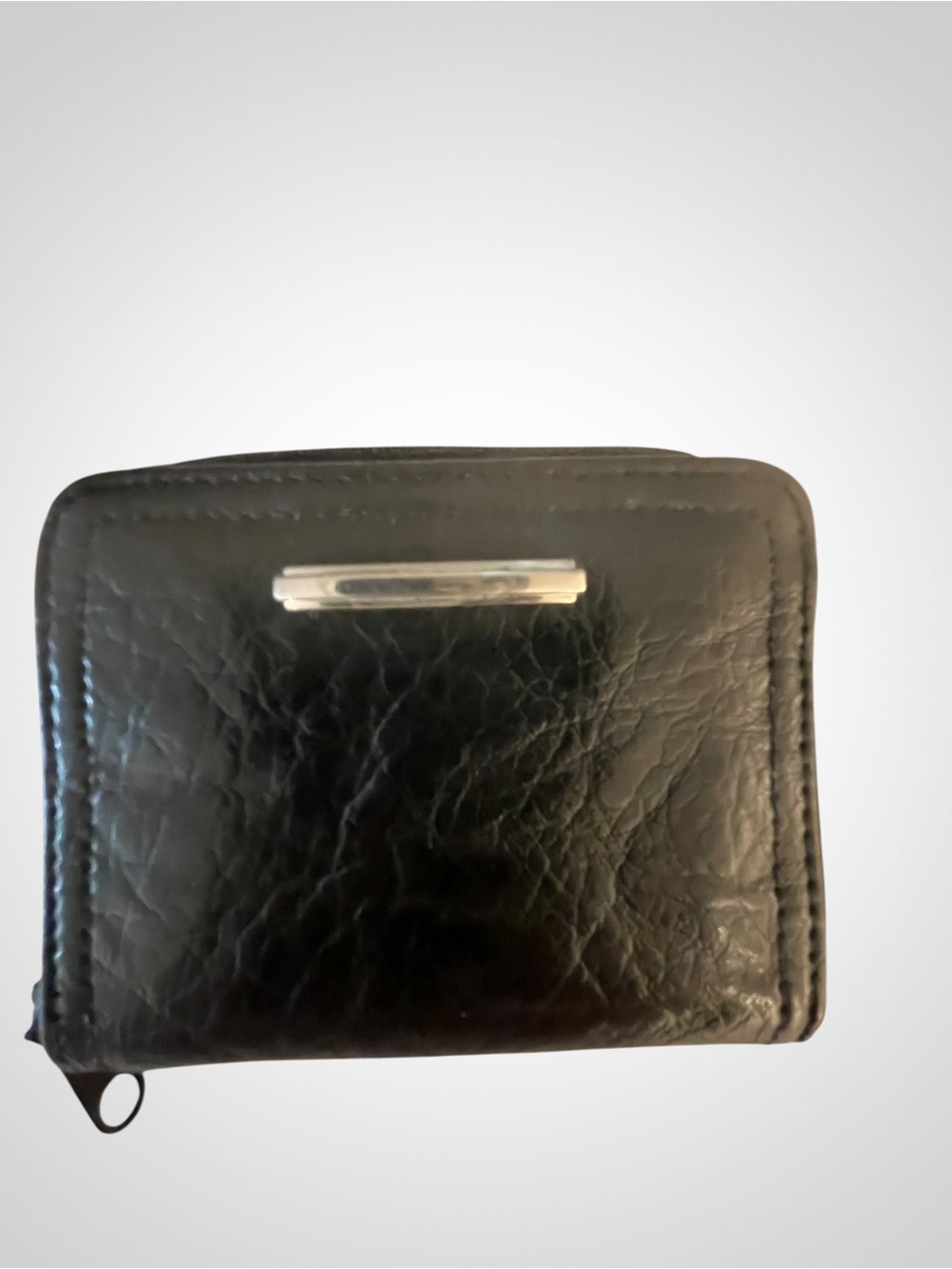Black Leather Zip Wallet with Silver Accent